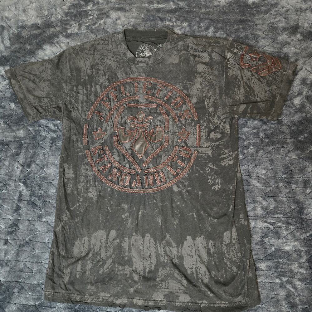 AFFLICTION Live Fast Black/Red Leather Graphic Distressed T-Shirt - Size L